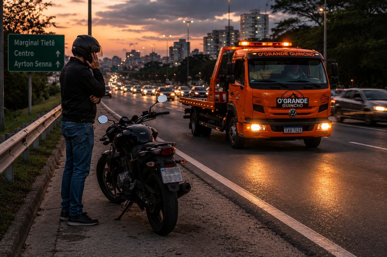 Caminhão guincho atendendo veículo em rua da Zona Norte de São Paulo, com a serra ao fundo