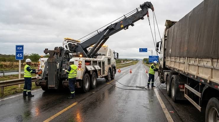 Equipe de guincho pesado sinalizando e atendendo veículo parado no acostamento da Avenida Interlagos